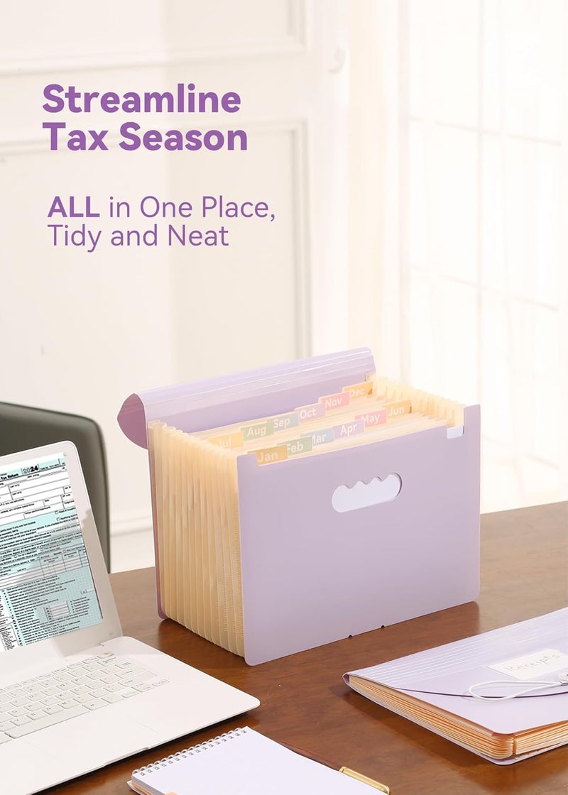 SortRax Accordion File Organizer 12 Pockets, Monthly Bill Receipt Tax Organizer, Expanding File Folders with Larger Bright Tabs, Fits Letter/A4 Size - Black - Purple - Image 3